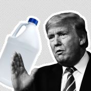 Trump and unbranded bottle of bleach - photo credit: Drew Angerer. Other: iStock/Getty Images